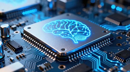 Artificial Intelligence (AI) Microchip with Digital Brain Icon on Circuit Board. Advanced Neural Network Computing and Technology.