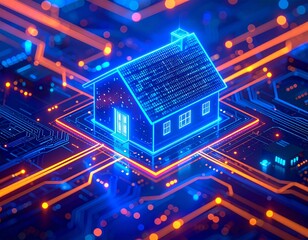 Smart home technology represented by glowing blue house icon on circuit board with orange light traces. Symbolizes connectivity, automation, innovation, and future of living in digital cyberspace.	
