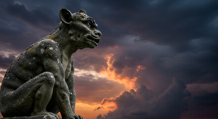 Ancient guardian: gargoyle statue against a dramatic sky at dusk or dawn