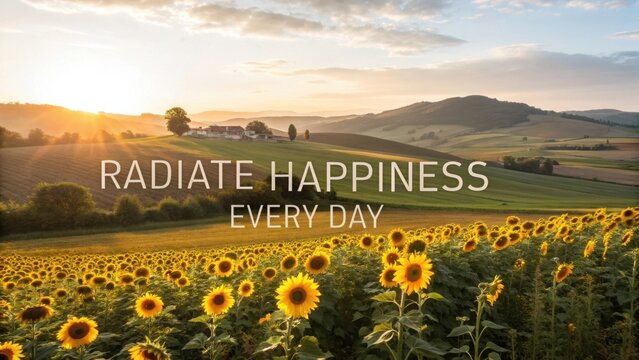 Vibrant Sunflower Field Under Bright Sky with Inspirational Quote Radiate Happiness Every Day