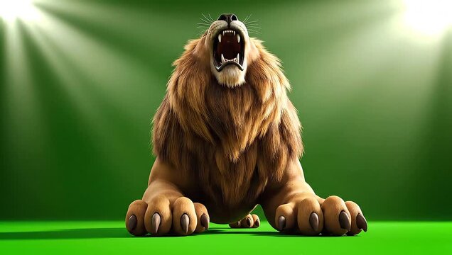Majestic lion ready to pounce in captivating animated scene, perfect for wildlife documentaries or children's adventure stories, wild animal kingdom