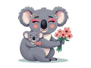 Charming illustration of a mother koala holding a bouquet of flowers, embracing her baby.