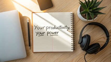 Inspiring Quote on a Notebook Surrounded by Technology and Greenery for Empowering Productivity in Workspace