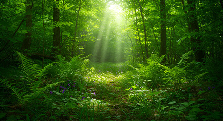 Obraz premium Enchanting sunlight through a vibrant forest canopy creating a mystical atmosphere