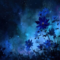 Vibrant blue flowers against a cosmic backdrop.