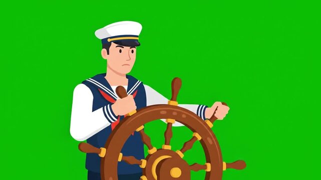 Sailor Steering Ships Wheel on Green Screen Background.