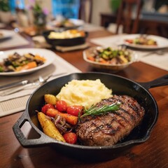 Delicious steak with mashed potatoes and vegetables.