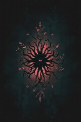 Eerie mystical tree with dark roots and glow.