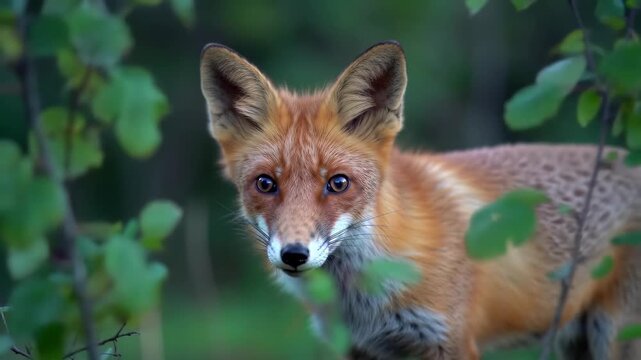 Wild Red Fox Peeking Curiously Through Forest Leaves.
