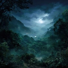 Mystical forest under moonlit sky at night.