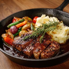 Delicious steak with colorful vegetables.