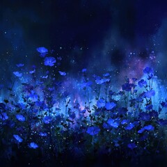 Vibrant blue flowers in a mystical atmosphere.