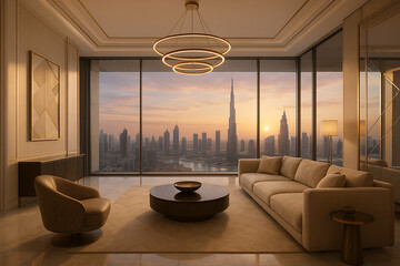 Luxury house in Dubai with contemporary art deco interior, featuring designer furniture and expansive glass windows showcasing stunning views of the city skyline and iconic skyscrapers.