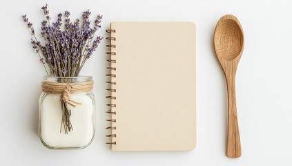 Blank recipe book, lavender, wooden spoon