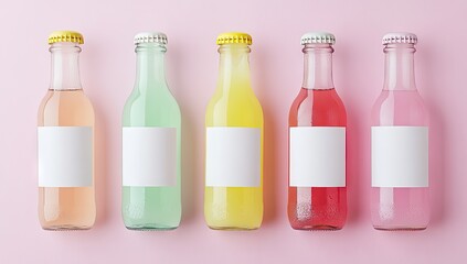 Five small, colorful bottles with blank labels, arranged horizontally on a pink background (1)