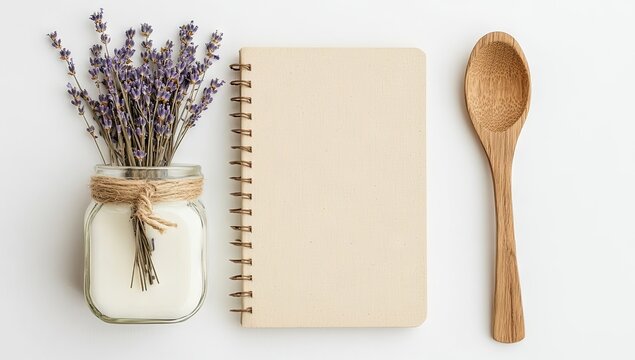 Blank recipe book, lavender, wooden spoon