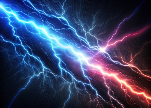 Vibrant electric blue and fiery red lightning bolts collide in a dramatic high energy atmospheric discharge display