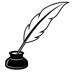 Illustration of a quill pen inserted into an inkwell on a white background