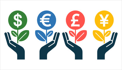 Currency Growth Icons, Money Investment Illustration, Financial Hands Concept.