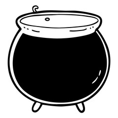 Illustration of a black cauldron with three legs and a small handle loop