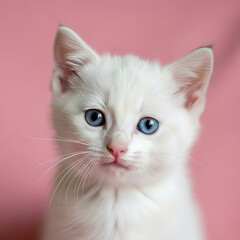 Adorable white kitten with striking blue eyes looking directly at the camera against a soft pink background in a captivating close up portrait shot