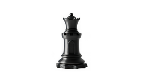 Black queen chess piece isolated on transparent background in studio shot