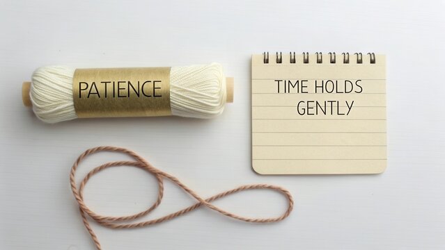 Stylish yarn bundle with motivational quotes about patience and time on a clean, minimalistic background