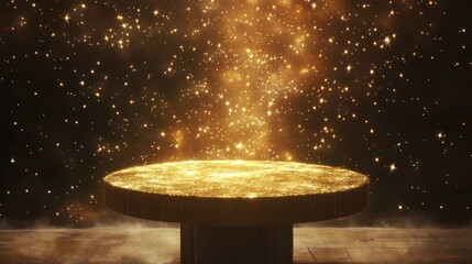 Golden round table, glowing particles, dark background, display, product presentation