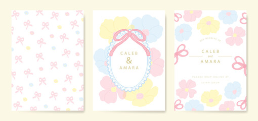 Wedding invitation card background vector set. Minimal hand drawn flower, ribbon frame and pattern. Design for wedding, vip cover template, rsvp modern card, poster.