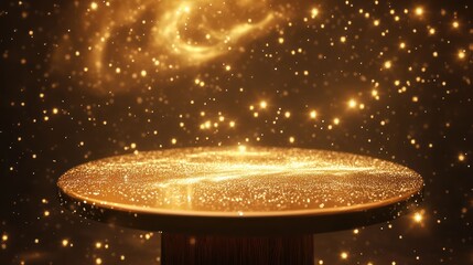 Golden table product display, glittering background,  empty space