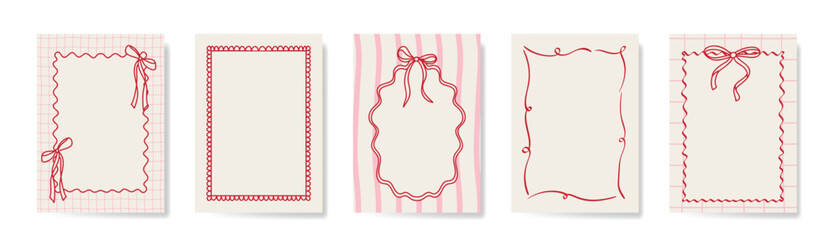 Fototapeta na wymiar Vintage hand drawn frames vector set. Collection frame template in different shape with ribbon decorative. Design for card, poster, cover, background.