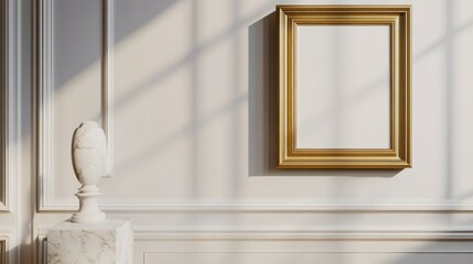 Empty Gold Frame on Beige Wall, Sunlight, Elegant Interior, Mockup, Print, Art, Decor