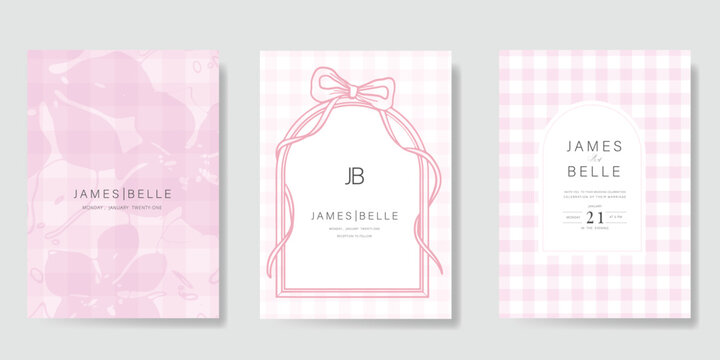 Wedding invitation card background vector set. Minimal hand drawn flower and ribbon frame. Design for wedding, vip cover template, rsvp modern card, poster.