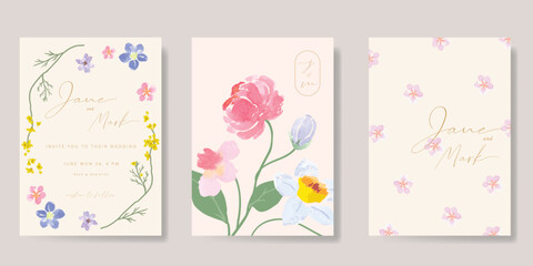 Wedding invitation card background vector set. Minimal hand drawn  flower, leaves in watercolor texture. Design for wedding, vip cover template, rsvp modern card, poster.
