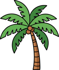 Obraz premium Illustration of a stylized cartoon palm tree with green fronds and brown coconuts, isolated on a white background.