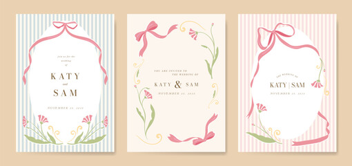 Wedding invitation card background vector set. Minimal hand drawn ribbon frame and flower. Design for wedding, vip cover template, rsvp modern card, poster.