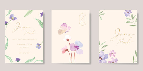 Wedding invitation card background vector set. Minimal hand drawn flower, leaves and butterfly in watercolor texture. Design for wedding, vip cover template, rsvp modern card, poster.