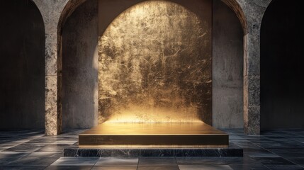 Empty golden podium in ancient archway