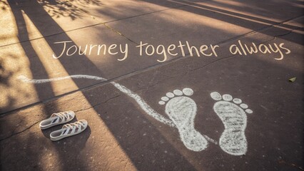 Footprints on the pavement with text Journey together always, representing companionship and shared experiences outdoors