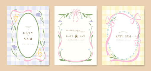 Wedding invitation card background vector set. Minimal hand drawn ribbon frame and flower. Design for wedding, vip cover template, rsvp modern card, poster.