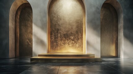 Empty gold podium in archway room, suitable for product display