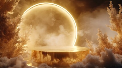 Golden podium, illuminated, ethereal, fluffy clouds, nature-inspired scene