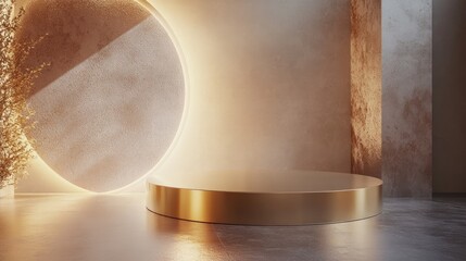 Golden pedestal display with soft lighting and plants, for product presentation