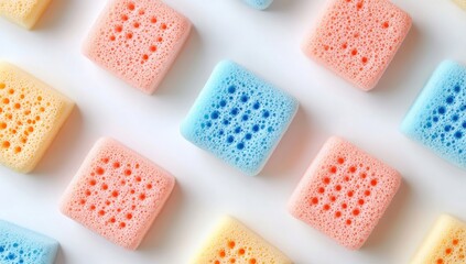 Colorful square sponges arranged in a geometric pattern on a white background (1)