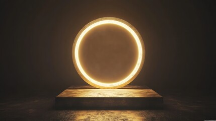 Glowing golden ring on a dark pedestal. Product display