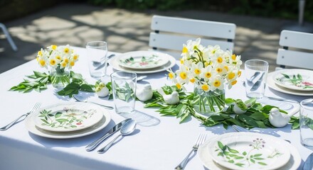 Spring table setting with daffodils and garden-themed tableware. Ideal for Easter, bridal showers, garden party invitations, spring brunch promotions, and floral design.