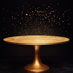 Gold platter pedestal, glittering display, dark background