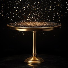 Gold caviar stand, falling glitter, dark background, elegant display, food presentation