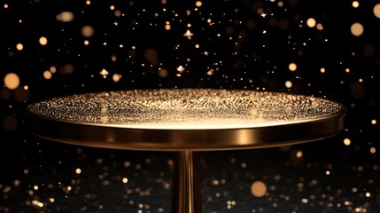 Round gold table, dark background, glittering particles. Product display