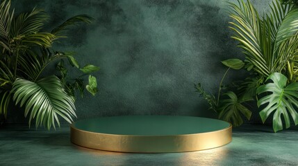 Green podium with tropical plants, product presentation, empty display, nature backdrop